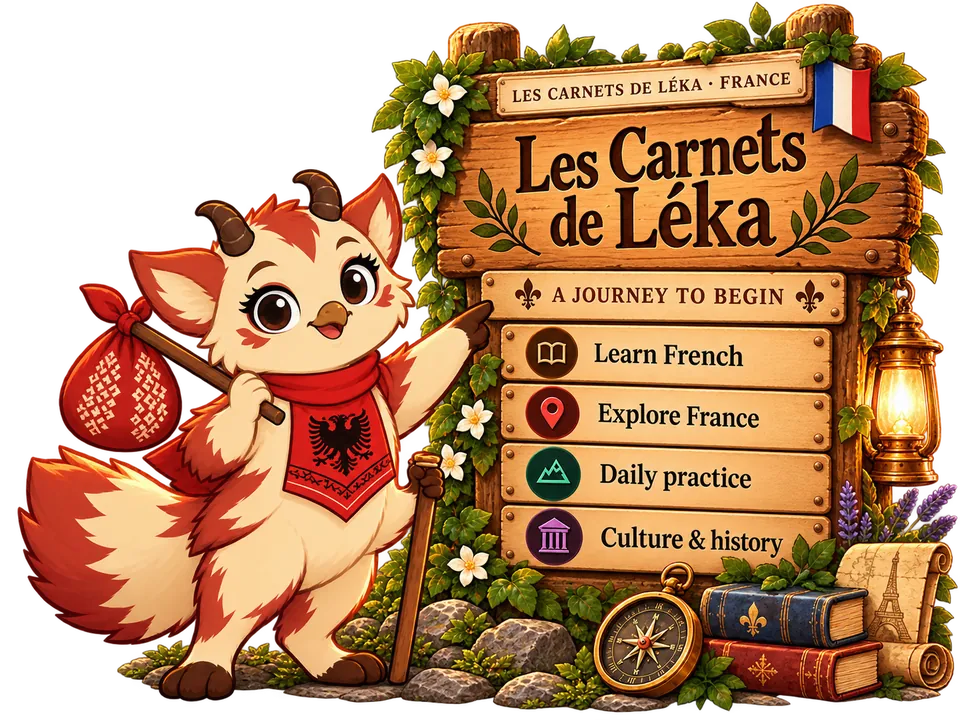 Léka beside a wooden signboard presenting the French learning journey: Learn French, Explore France, Daily practice, and Culture & history