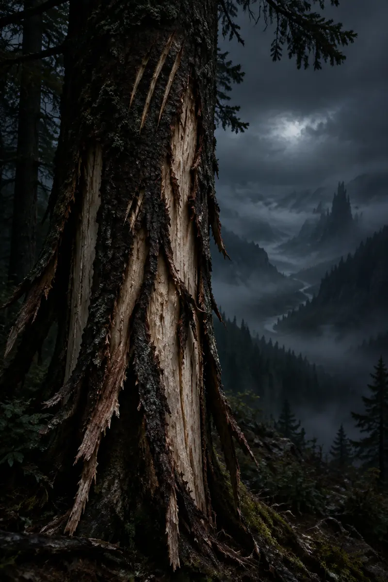 The trunk of a conifer whose bark has been torn off in long, jagged strips, leaving the pale wood bare. Beyond it, a valley drowned in mist under a stormy sky.