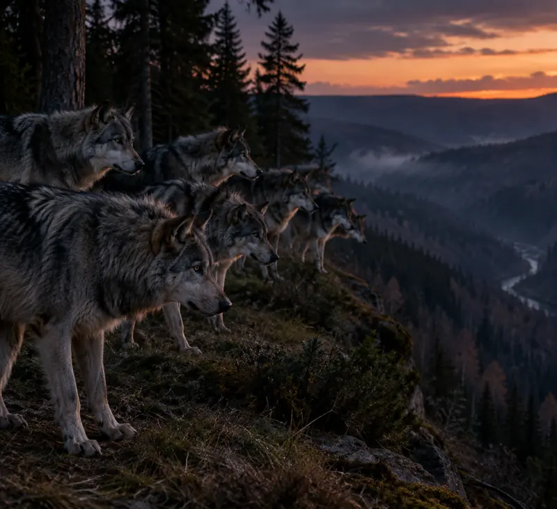 A line of gray wolves standing motionless at the edge of a wooded slope, all turned toward the valley below.