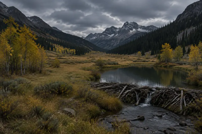 A mountain valley under a gray sky: golden meadow, groves of yellow aspens, dark pines on the slopes, snow-capped peaks in the distance. In the foreground, a beaver dam holds back a small pond.
