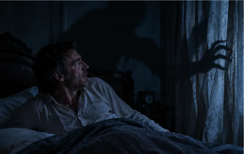 Un homme est assis dans son lit, dans une chambre bleue et sombre, et regarde avec effroi le rideau de dentelle où se découpe l'ombre immense d'une main aux doigts crochus.