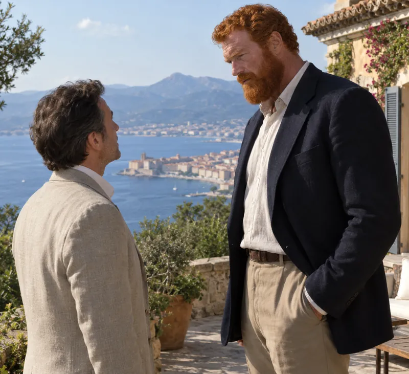 Sur une terrasse ensoleillée au-dessus du golfe d'Ajaccio, un homme très grand, aux cheveux et à la barbe rouges, en veste sombre, regarde de haut un homme brun vu de dos, en veste de lin. Derrière eux, la baie bleue et la ville.