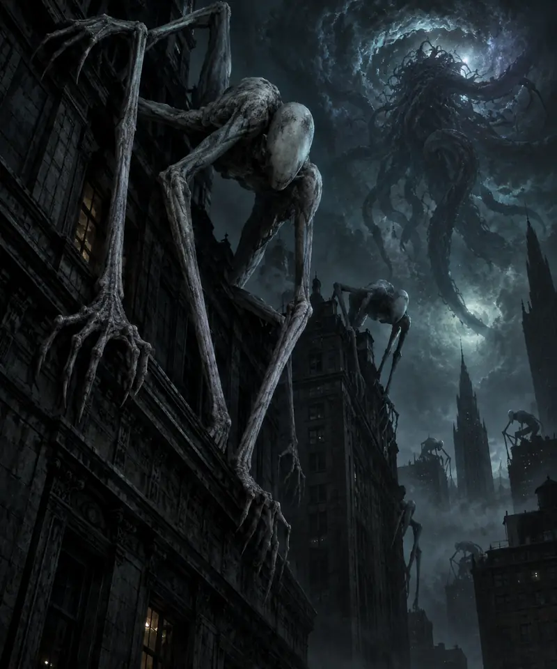 Pale creatures with oversized, clawed limbs cling to the facades of old buildings. Their smooth heads have no eyes and no mouth. In the sky, a tentacled mass takes shape at the heart of a swirl of clouds.