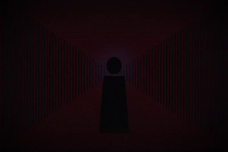 At the end of a subway platform, a silhouette in a long coat stands out against a blue glow, at the far end of a reddish tunnel.