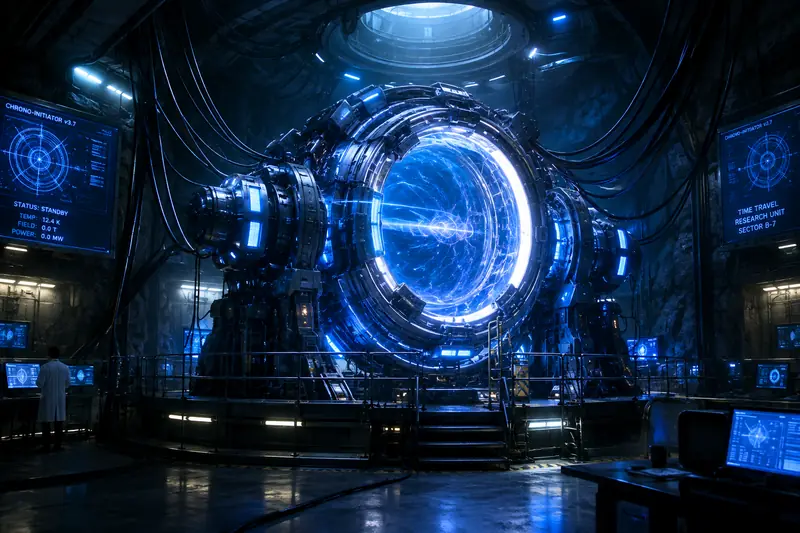 An underground laboratory bathed in blue: a giant metal ring crackling with lightning stands at the center, linked to the walls by bundles of cables. Screens display “Chrono-Initiator v3.7.”