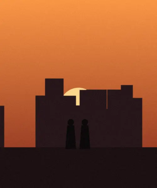 Photograph: two silhouettes side by side before an orange sunset, among ruined buildings.