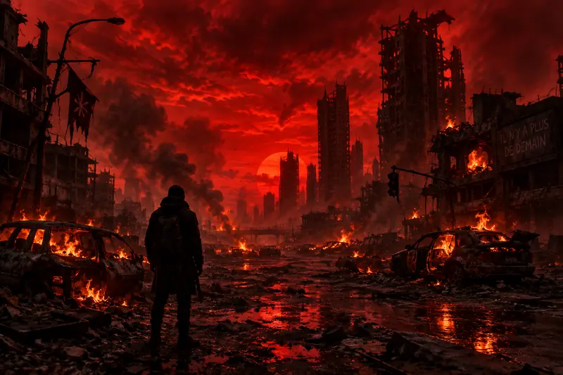 A hooded silhouette seen from behind in the middle of an avenue strewn with burning cars. The towers are gutted, the sky is red, and a scarlet sun is setting. A sign on a facade reads “Il n’y a plus de demain” (“There is no tomorrow”).