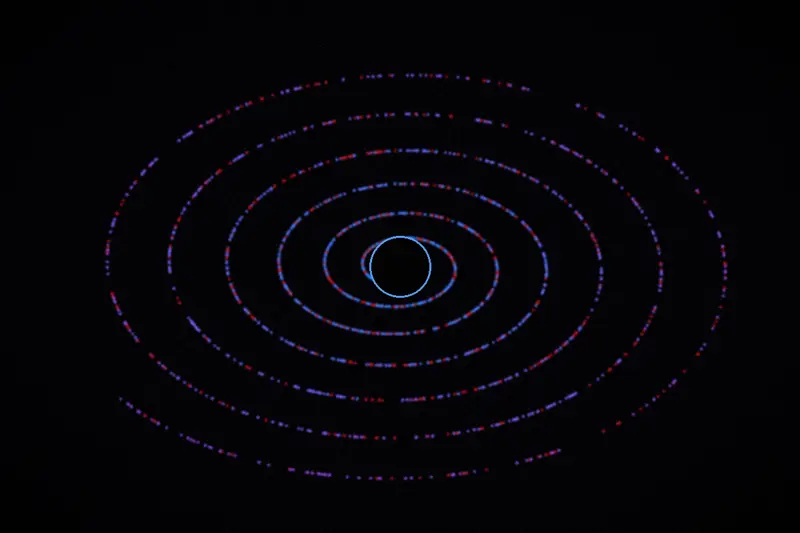 A whirlwind of blue and red light spirals around a black sphere.