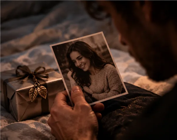 Un homme tient une photographie d'une jeune femme souriante, en pull clair. À côté, un cadeau enveloppé de papier argenté, orné d'un pendentif en forme de feuille.