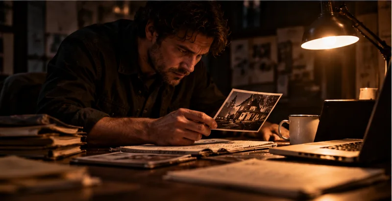 Un homme penché sur un bureau éclairé par une lampe examine une photographie en noir et blanc d'une maison. Devant lui, un ordinateur portable, une tasse, des dossiers ; des clichés sont épinglés au mur.