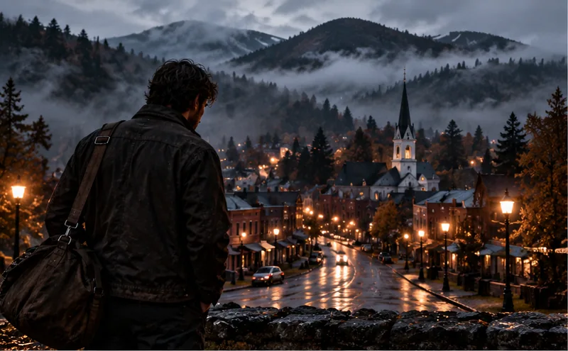 Un homme de dos, un sac en bandoulière, domine une ville de montagne sous la pluie : toits de briques, lampadaires allumés, clocher blanc et collines noyées de brouillard.