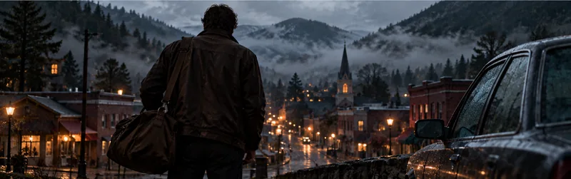 De dos, l'homme au sac regarde depuis un muret la petite ville en contrebas, sous la pluie et le brouillard. Sur la droite, le flanc d'une voiture ruisselante.