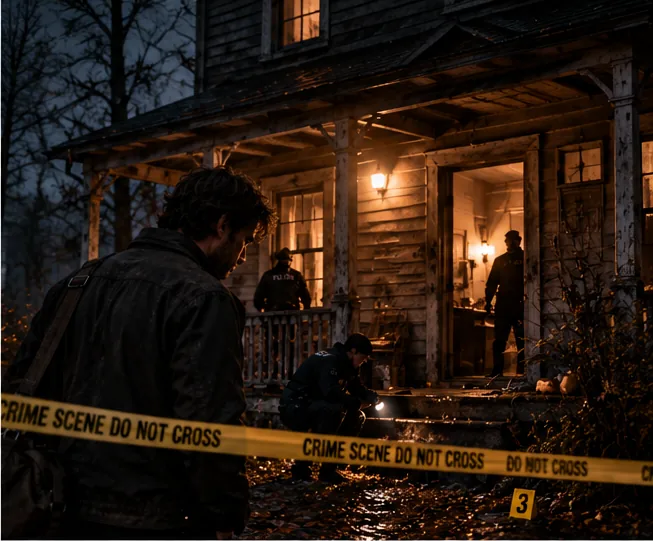 Une grande maison de bois aux fenêtres éclairées, derrière un ruban jaune « Crime scene, do not cross ». Des policiers inspectent le porche à la lampe de poche ; un marqueur numéroté est posé au sol.