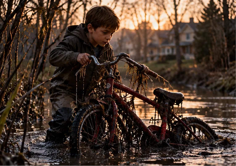 Un garçon d'environ sept ans, jusqu'aux genoux dans l'eau boueuse d'un fossé, tire un vélo rouge couvert de lentilles d'eau et de boue hors des roseaux, au coucher du soleil.