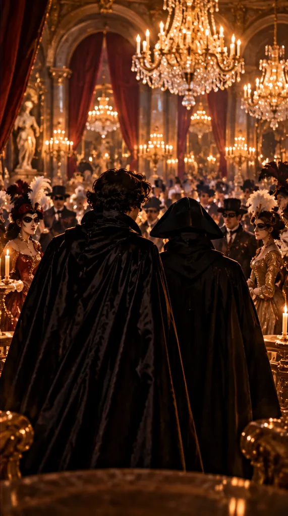 Seen from behind, two men in black dominos look into an immense ballroom: crystal chandeliers, red velvet curtains, a marble statue, and a crowd of feathered masks.