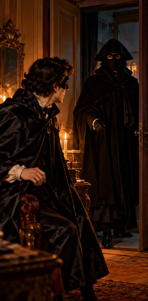 A tall figure dressed all in black, hooded and wearing a tricorn, its face masked, parts a door curtain and steps into the room as the seated young man looks on.
