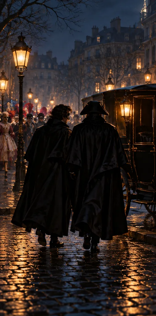 Two figures in black dominos advance over wet cobblestones beside a cab lit by a lantern. A streetlamp, bare trees, and, in the background, the masked Carnival crowd.
