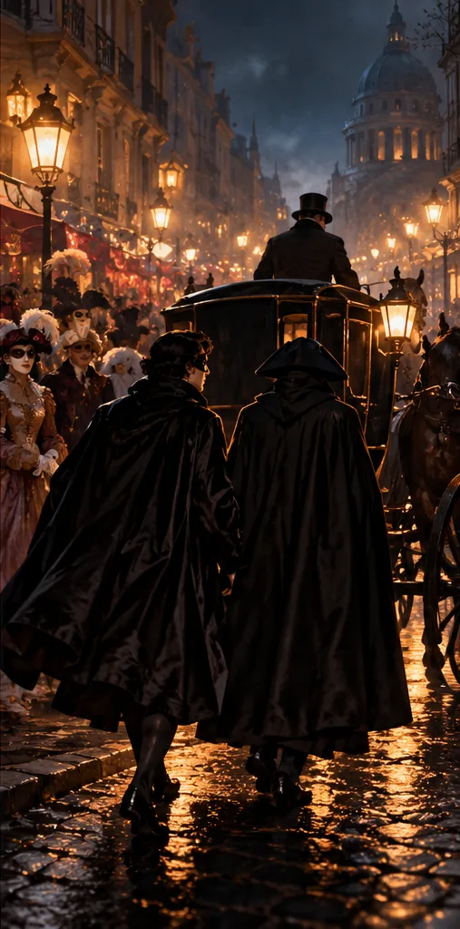 Two figures in long black dominos walk toward a cab on the gleaming pavement of a festive street. Around them, feathered masks and, in the distance, a dome beneath a stormy sky.