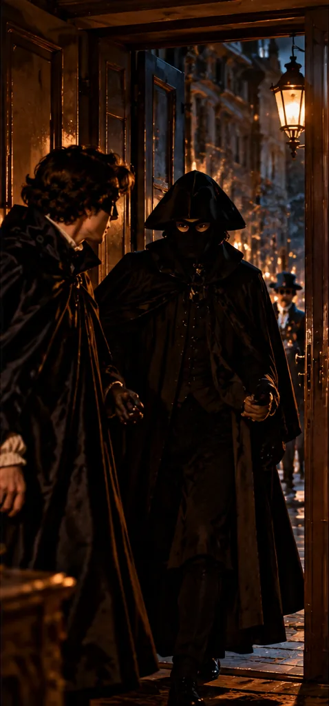 Two men in black dominos step through a doorway; behind them, a night street and a lit lantern.