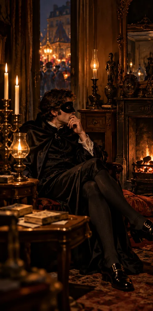 A young man in a black satin domino and a velvet half-mask, chin on his hand, waits in an armchair beside a fireplace. An oil lamp and two white candles light the room; beyond the window, the Carnival crowd.