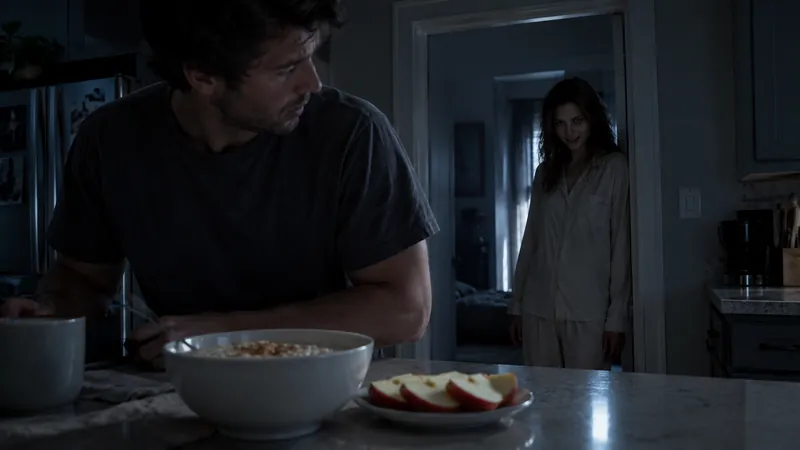 Un homme penché sur un plan de travail de cuisine, à la lumière pâle du matin, jette un regard par-dessus son épaule. Devant lui, un bol de porridge et une assiette de tranches de pomme. Dans l'encadrement de la porte, une jeune femme en pyjama clair l'observe en souriant.