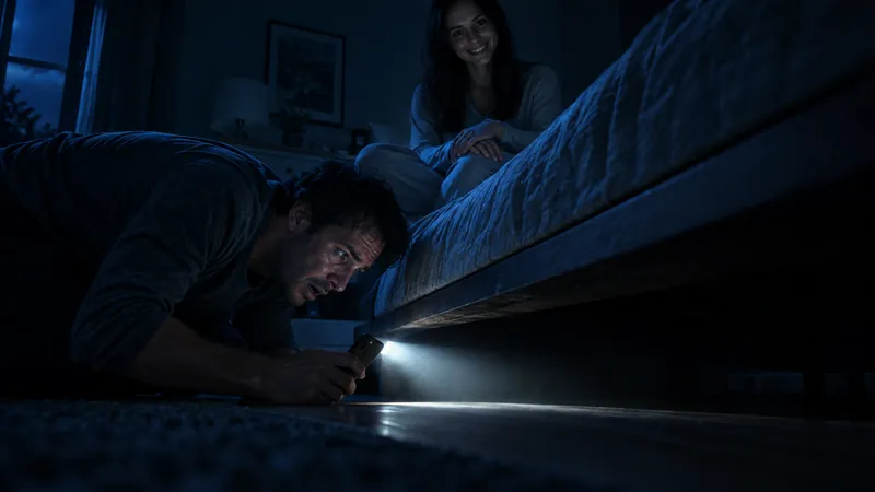 Un homme à quatre pattes sur la moquette, le visage tendu, éclaire le dessous d'un lit avec la lampe de son téléphone. Sur le lit, une jeune femme est assise, les mains croisées sur les genoux, et lui sourit.